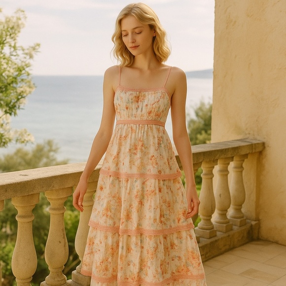 NWT CAROLINE CONSTAS Floral Tiered Ruffled BabyDoll Designer Cotton Maxi Dress M - Picture 1 of 12